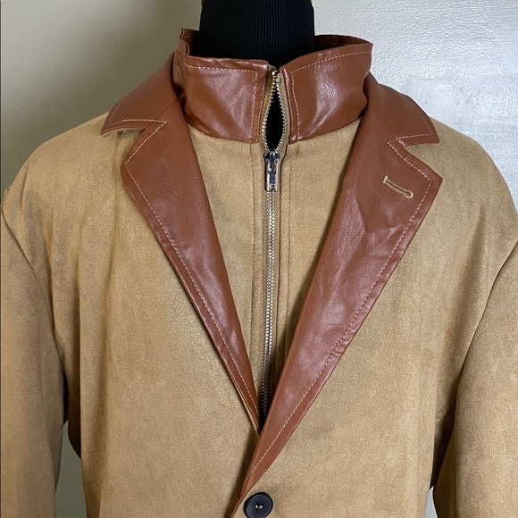 Manly Men’s Tan Khaki Suede Blazer Jacket w Leather Accents Zipper Inner Layer M - Picture 2 of 9